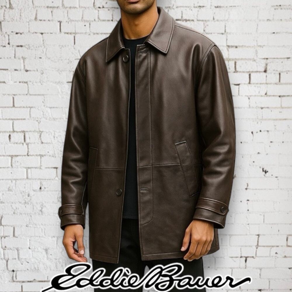 Eddie Bauer Full Length Heavy Genuine Leather Jacket Men M Brown Lined Car Coat